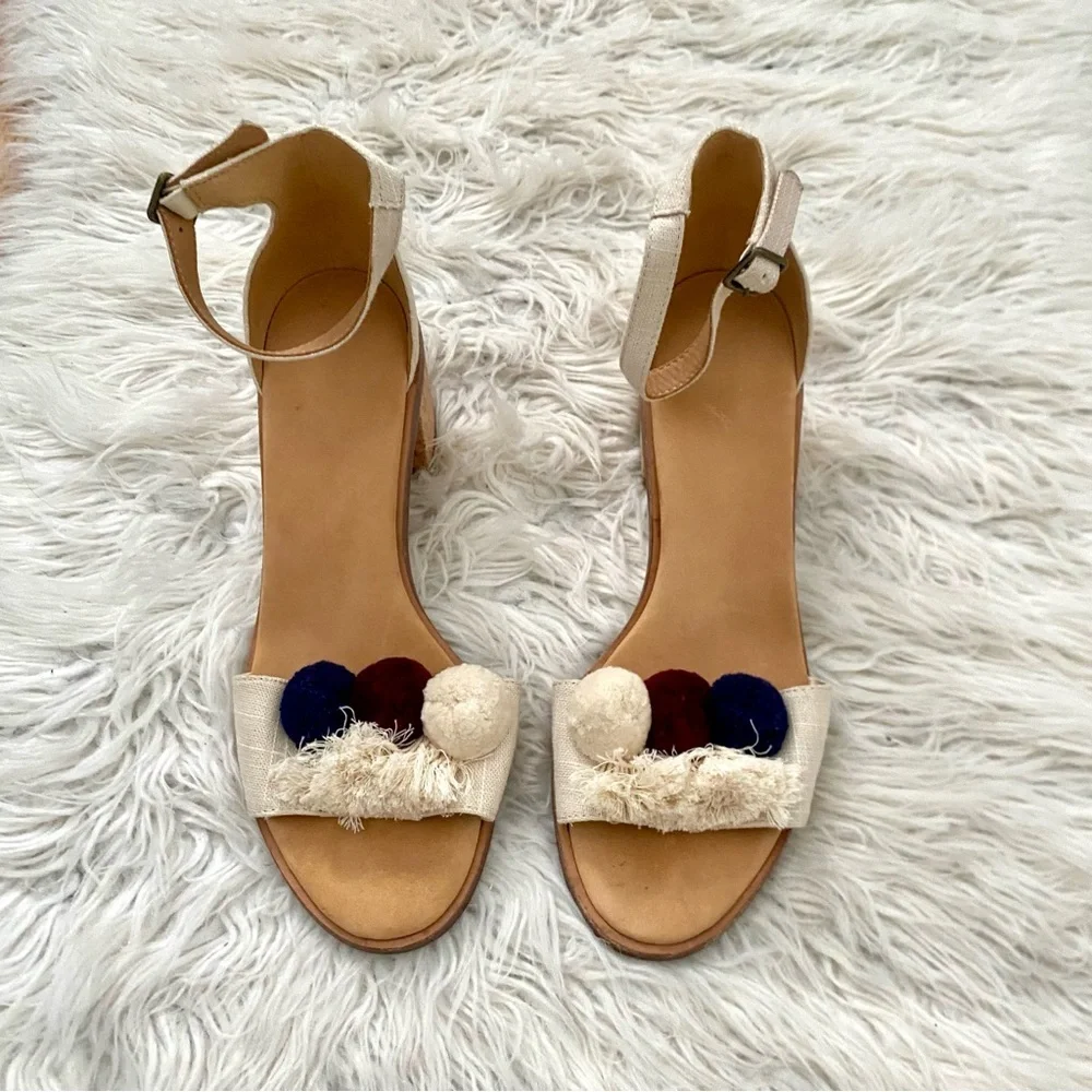Soludos Capri Pom Pom Fringe Block Heel Sandal Ankle Strap Size 9.5 Open Toe